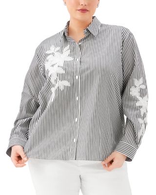 Plus Size Long Sleeve Stripe Embroidered Shirt