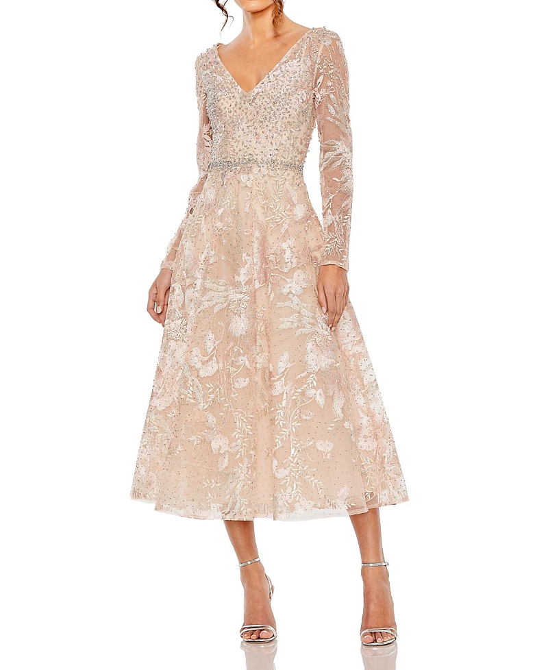 Mac Duggal Beaded Embroidered Long Sleeve V Neck Midi Dress