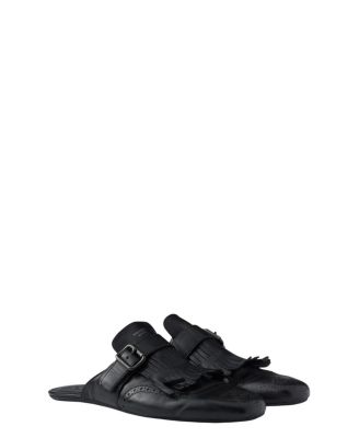  Men's Shuffle Antiqued Leather Mules With Buckled Strap And Fringe