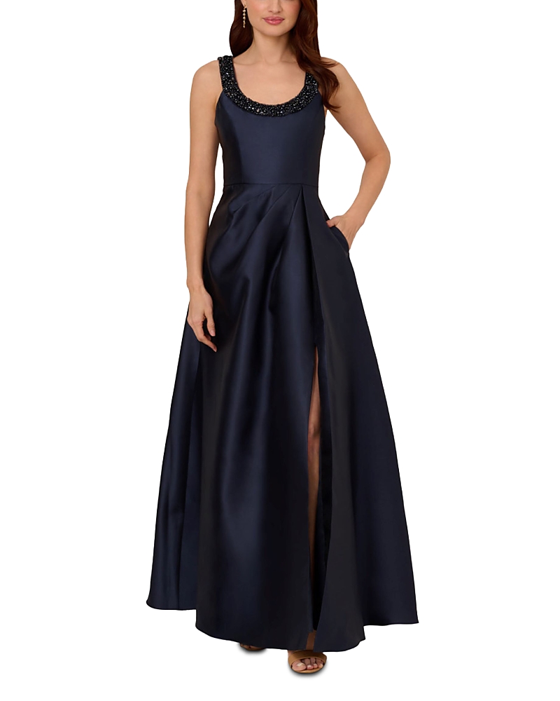 Adrianna Papell Beaded Neckline Mikado Gown