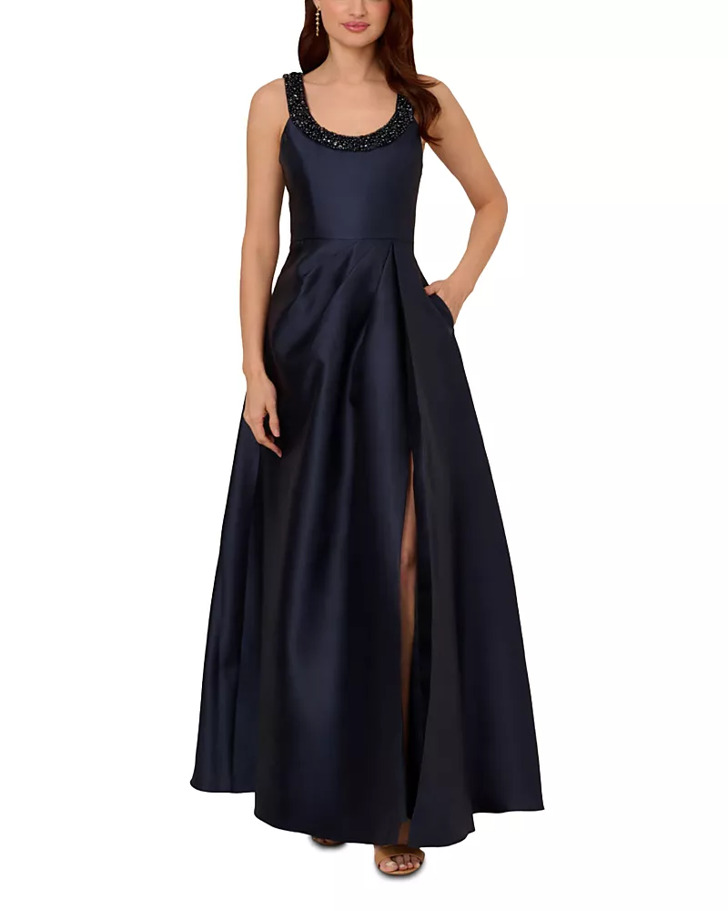 Adrianna Papell Beaded Neckline Mikado Gown