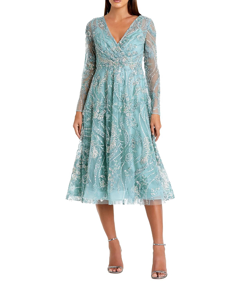 Mac Duggal Floral Embroidered V Neck Long Sleeve Midi Dress