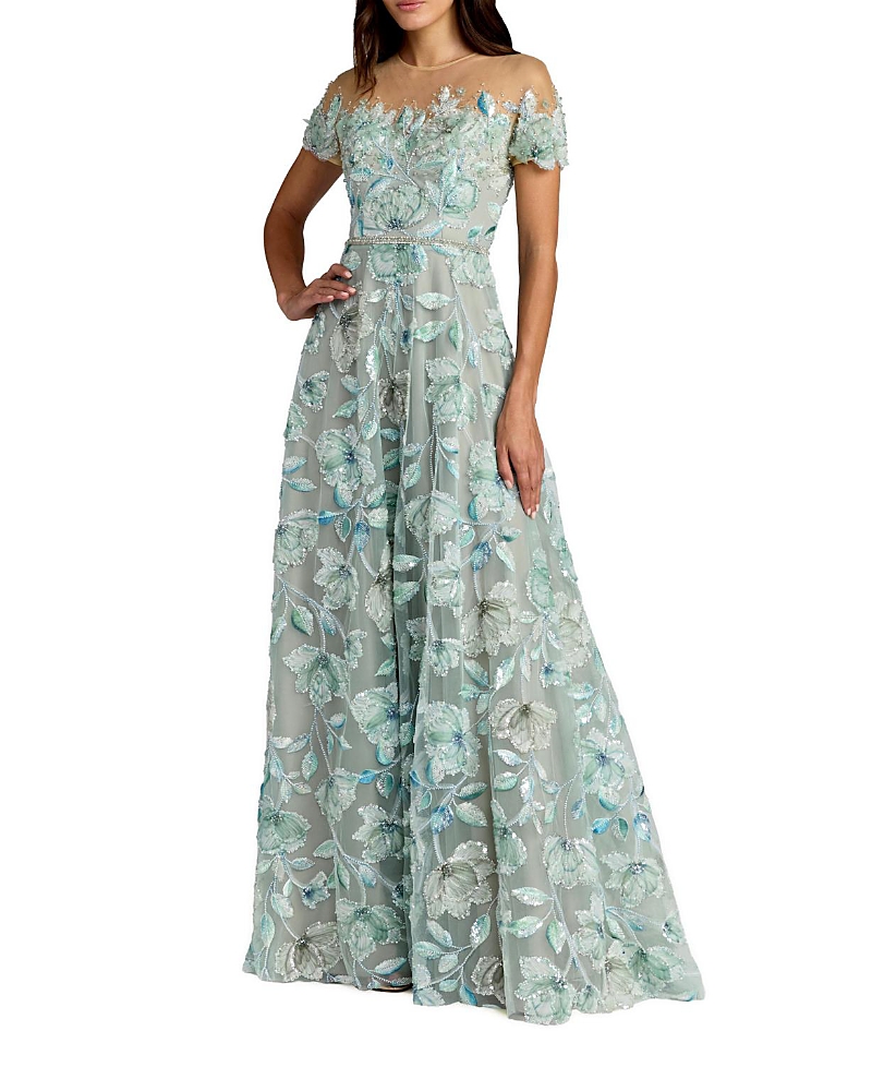Mac Duggal High Neck Cap Sleeve Embellished A-Line Gown