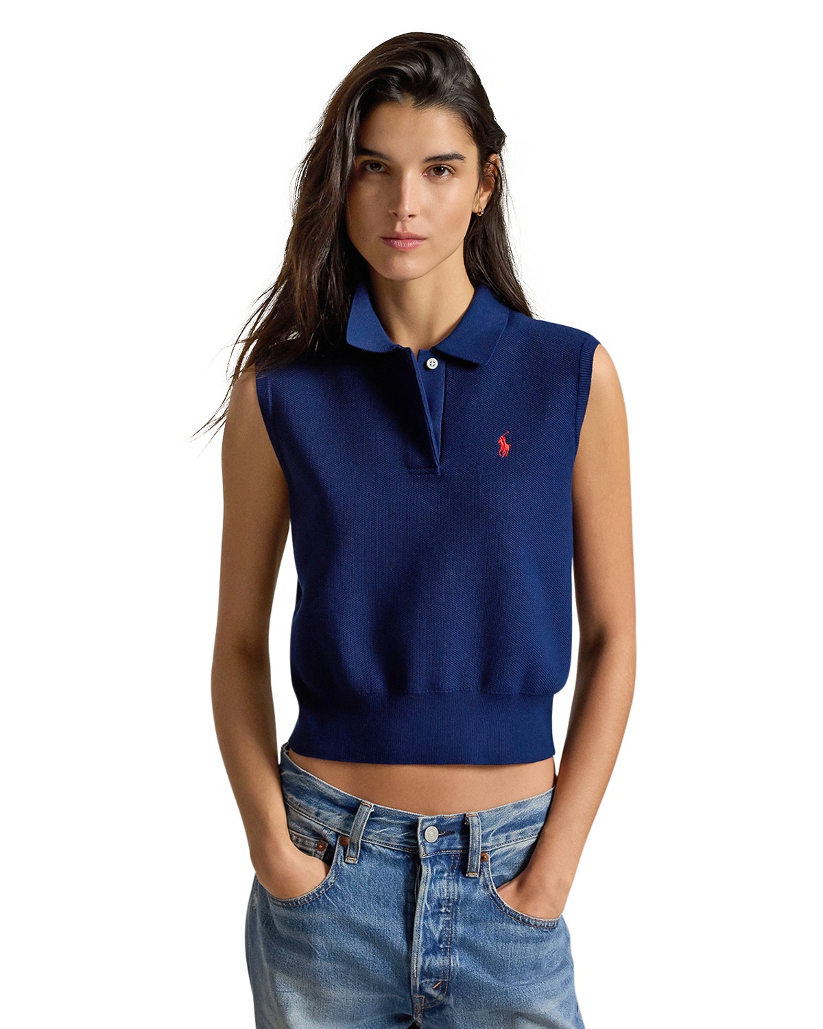 Cotton Cropped Sleeveless Polo Sweater