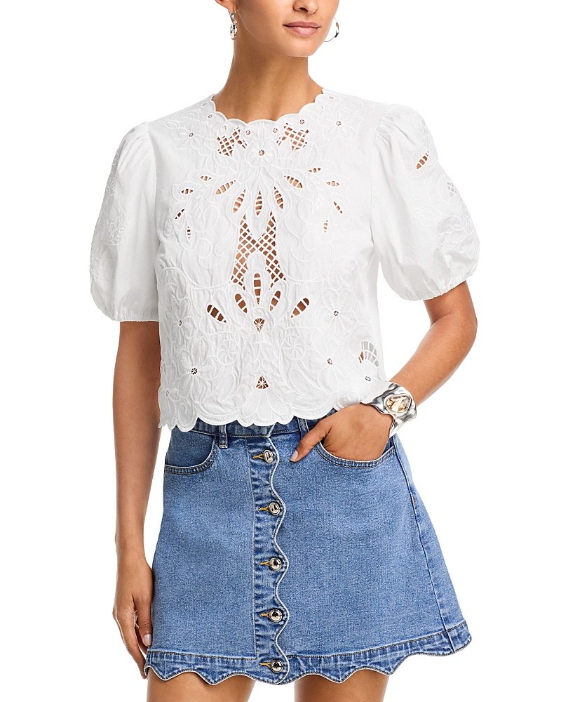 Aqua Embroidered Lace Elbow Sleeve Top - Exclusive