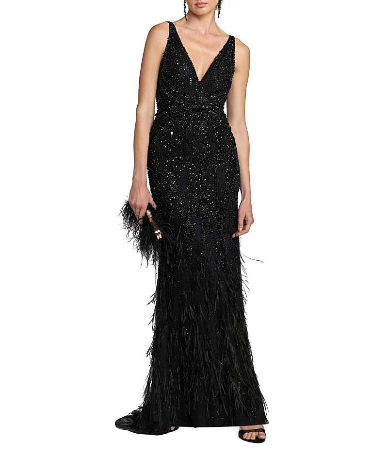 Mac Duggal Embellished Feather Detail Hem Gown