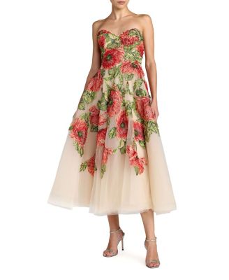  Embroidered Mesh Strapless A Line Midi Dress
