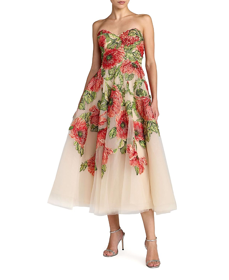 Mac Duggal Embroidered Mesh Strapless A Line Midi Dress