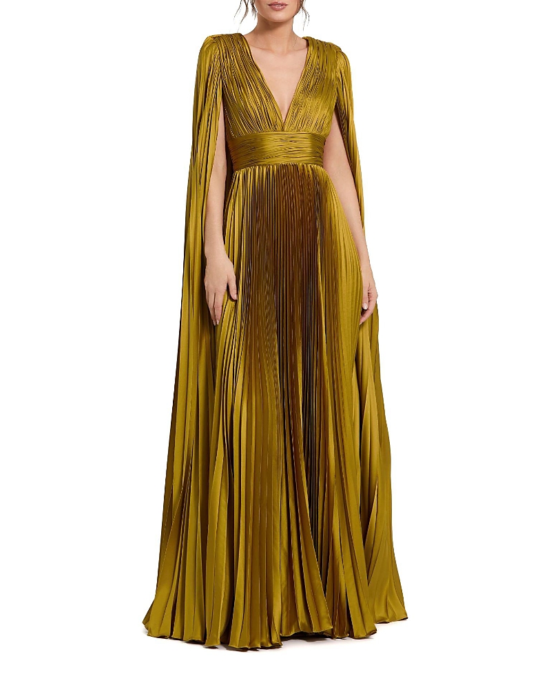 Mac Duggal Pleated Charmeuse V Neck Gown with Cape