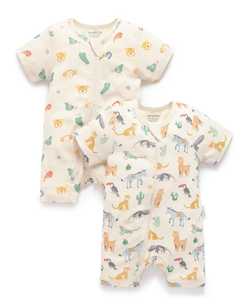 Purebaby Boys' 2 Pack Short Sleeve Zip Romper Animal - Baby