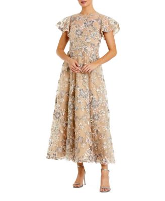 Embroidered Floral Mesh A-Line Midi Dress
