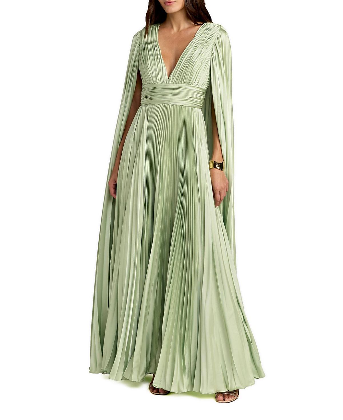 Mac Duggal Pleated Charmeuse V Neck Gown with Cape