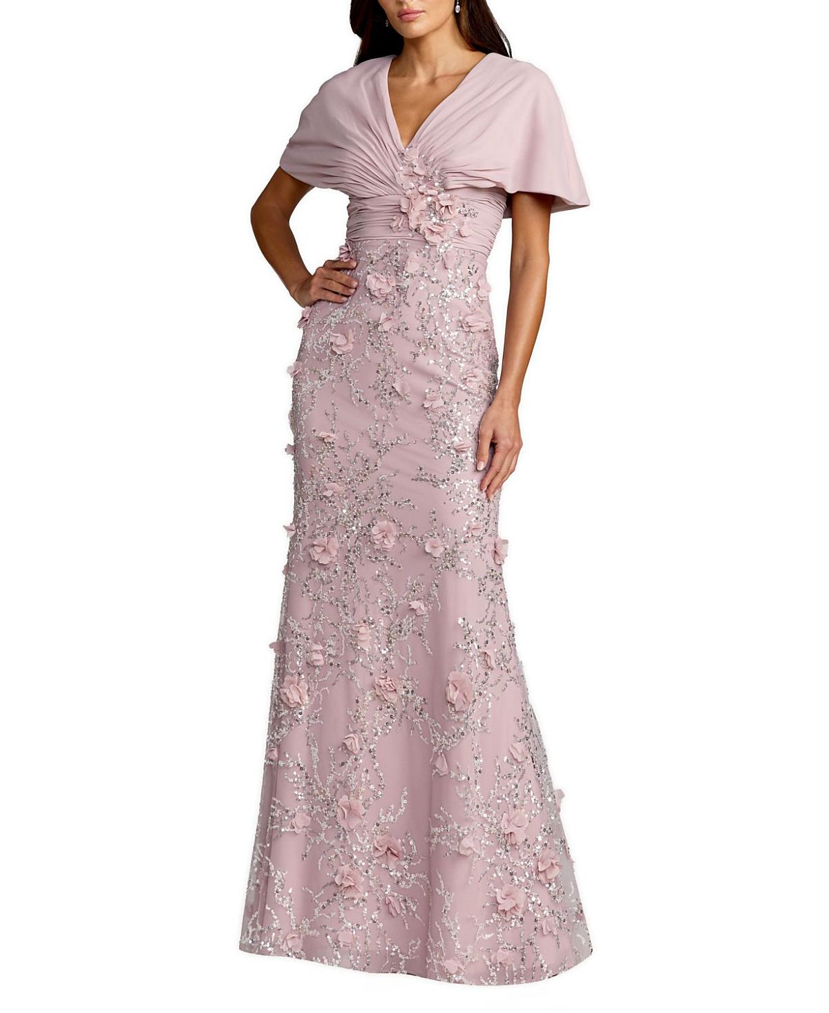 Mac Duggal Chiffon Faux Wrap Dress Beaded Skirt Column Gown