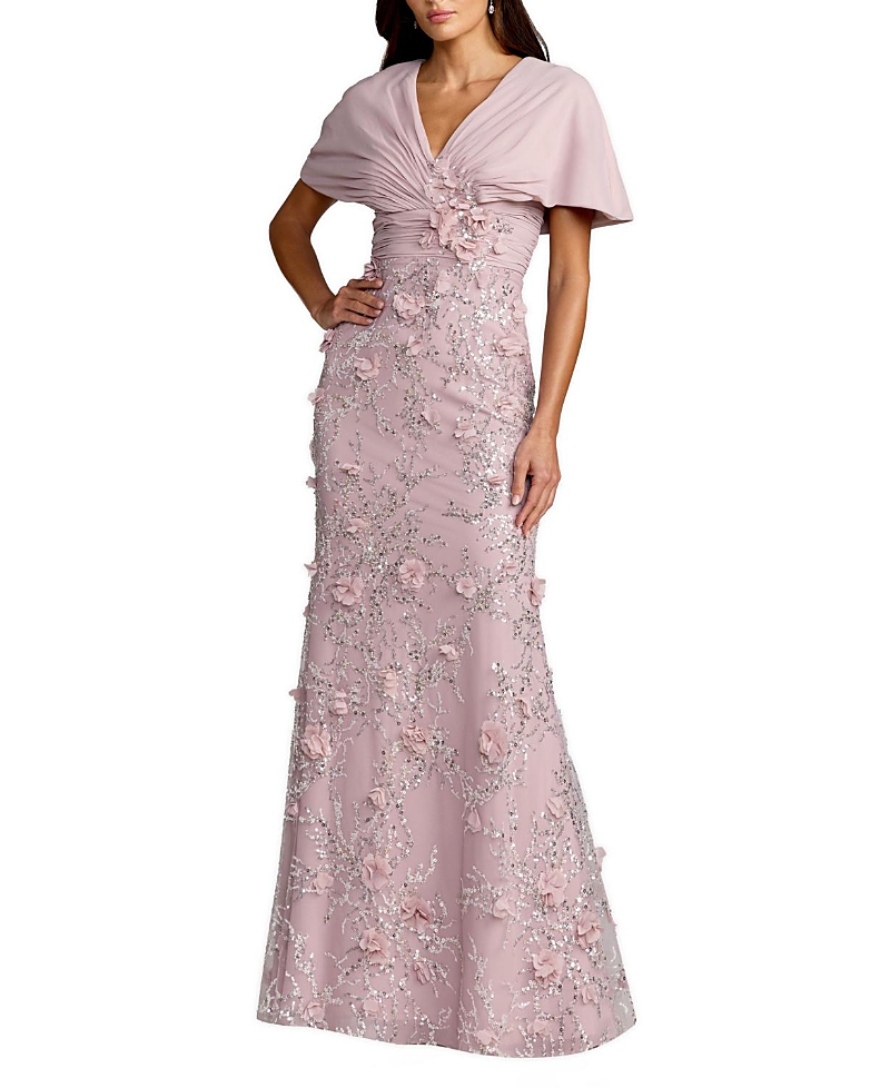 Mac Duggal Chiffon Faux Wrap Dress Beaded Skirt Column Gown
