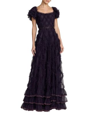 Mesh Short Sleeve Scoop Neck Ruffle A Line Dress