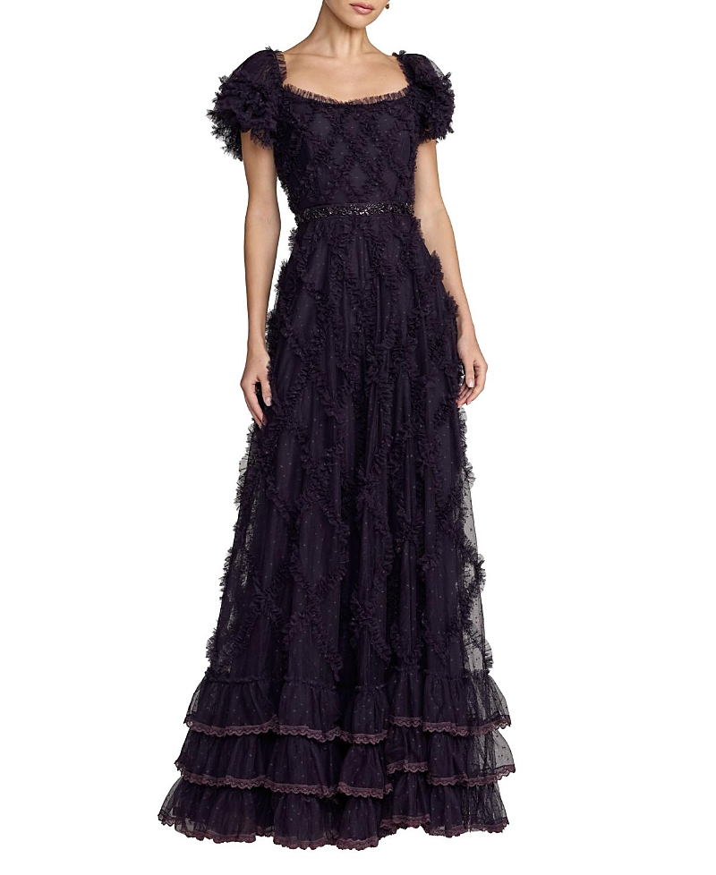Mac Duggal Mesh Short Sleeve Scoop Neck Ruffle A Line Dress