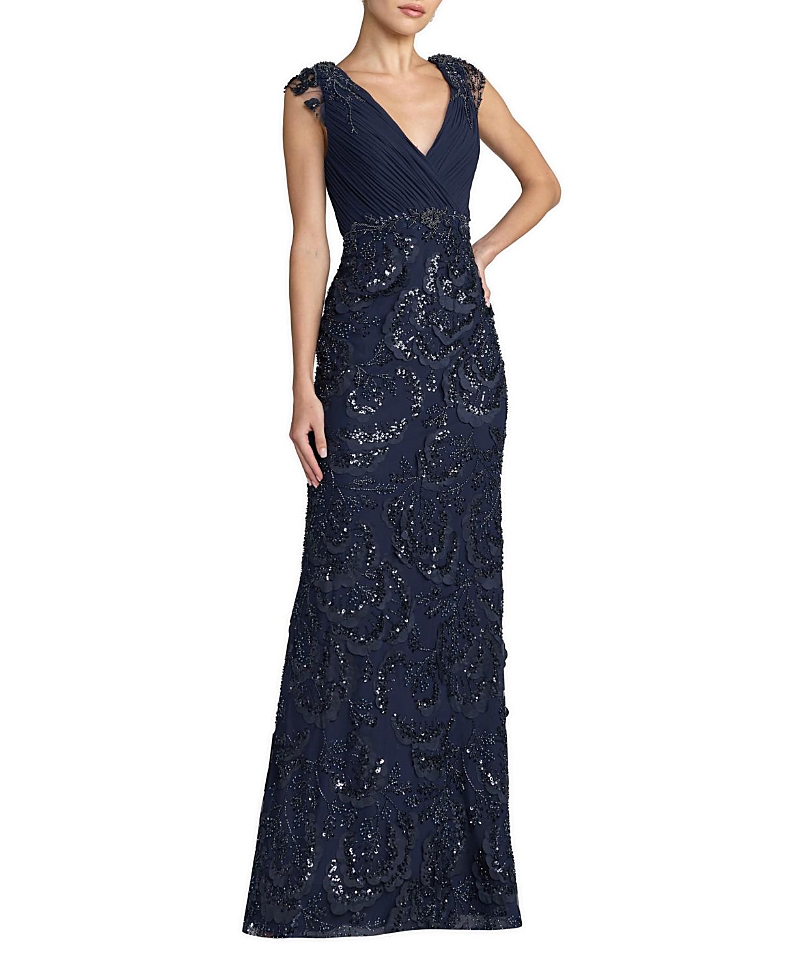 Mac Duggal Floral Beaded Chiffon V-Neck Evening Gown