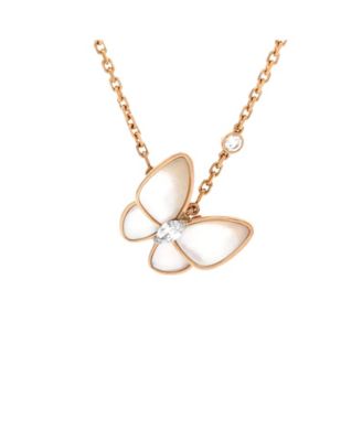  Two Butterfly Pendant Necklace 18K Rose Gold with Mother of Pearl and Diamonds, 16.25"
