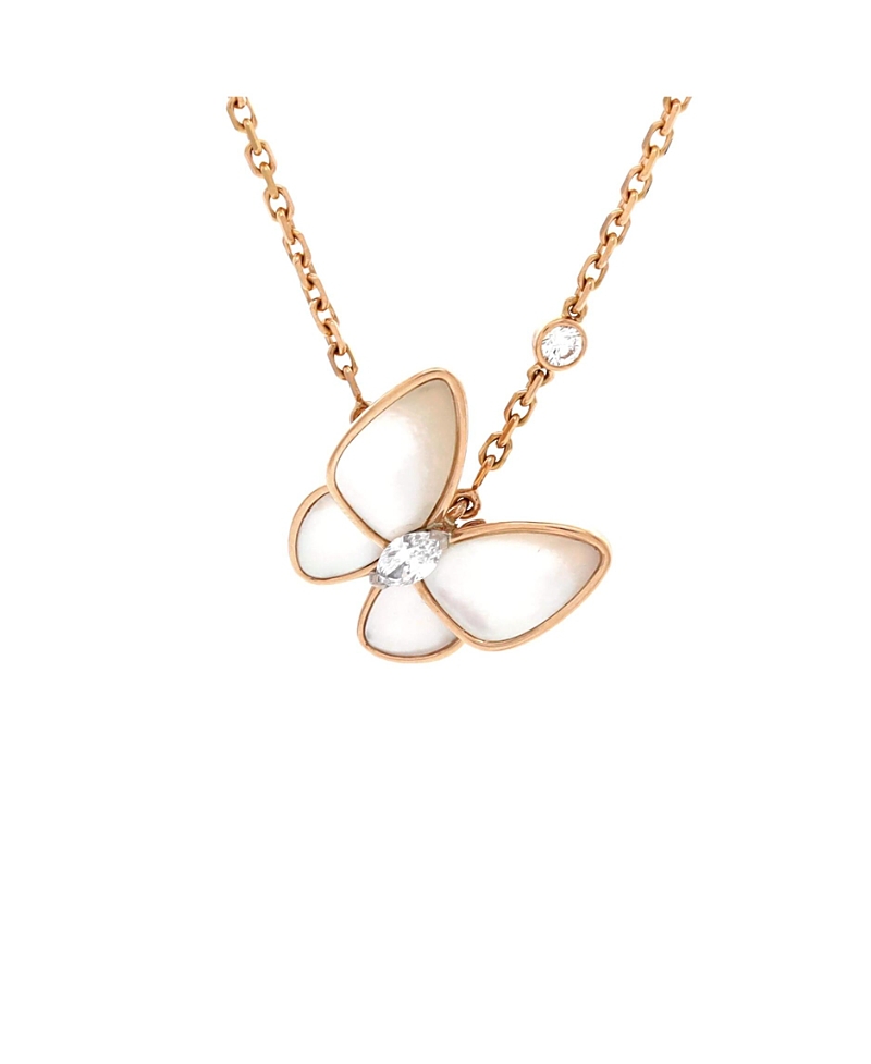 Pre-Owned Van Cleef & Arpels Two Butterfly Pendant Necklace 18K Rose Gold with Mother of Pearl and Diamonds, 16.25