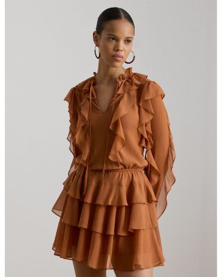 Lauren Ralph Lauren Women's Ruffle Trim Georgette Tiered Dress - Orange - Size 10 - Red