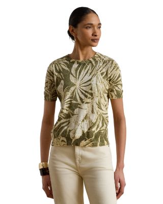 Petites Palm Frond Print Short Sleeve Sweater