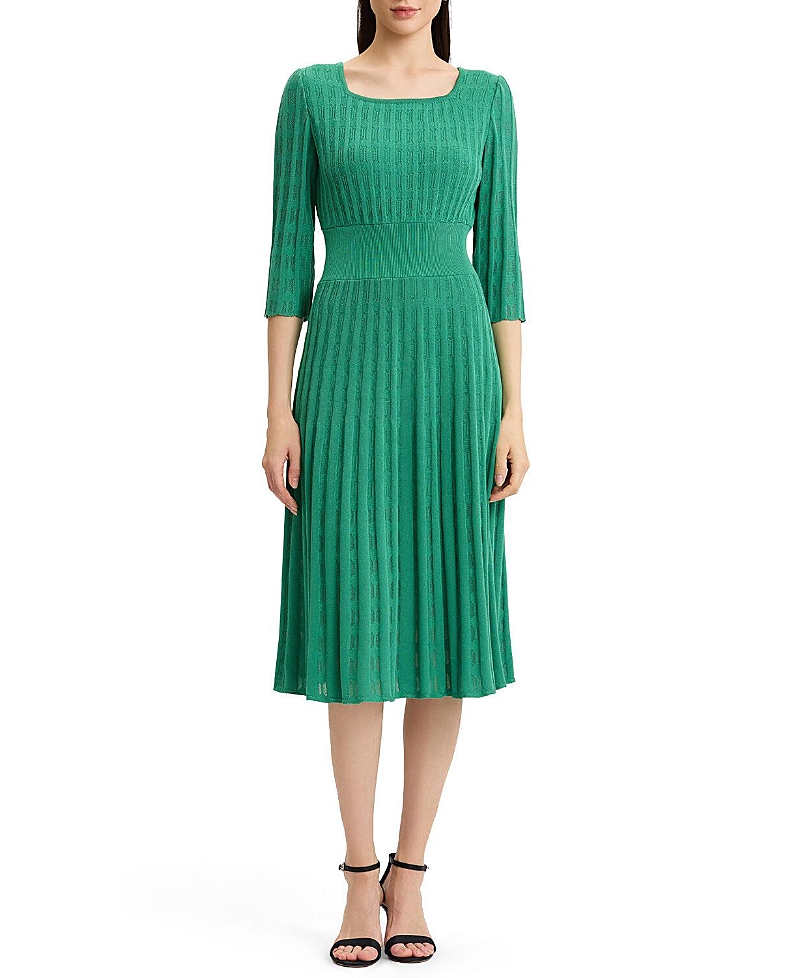 Ming Wang Linear Pointelle Tonal Knit Fit and Flare Midi Dress