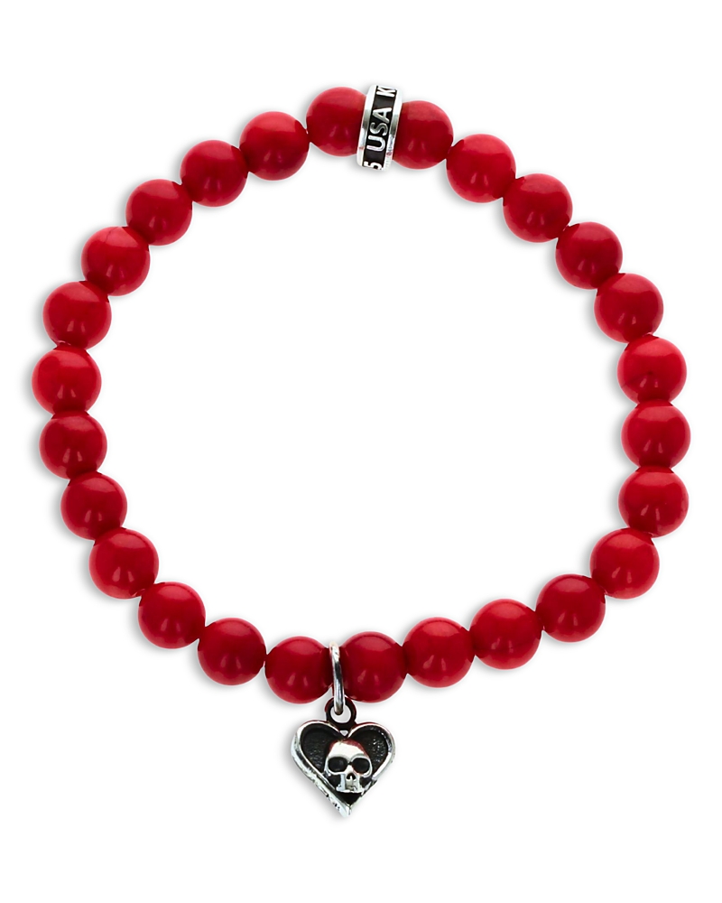 King Baby Studio Sterling Silver High Roller Club Red Coral Bead Micro Skull Heart Card Suit Charm Bracelet