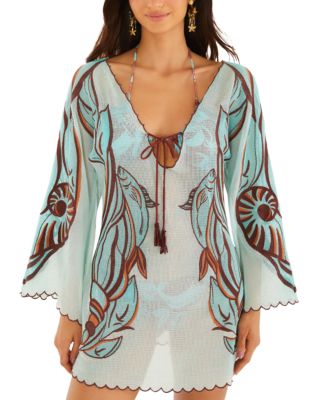 Long Sleeve Fish Net Mini Dress Swim Cover-Up