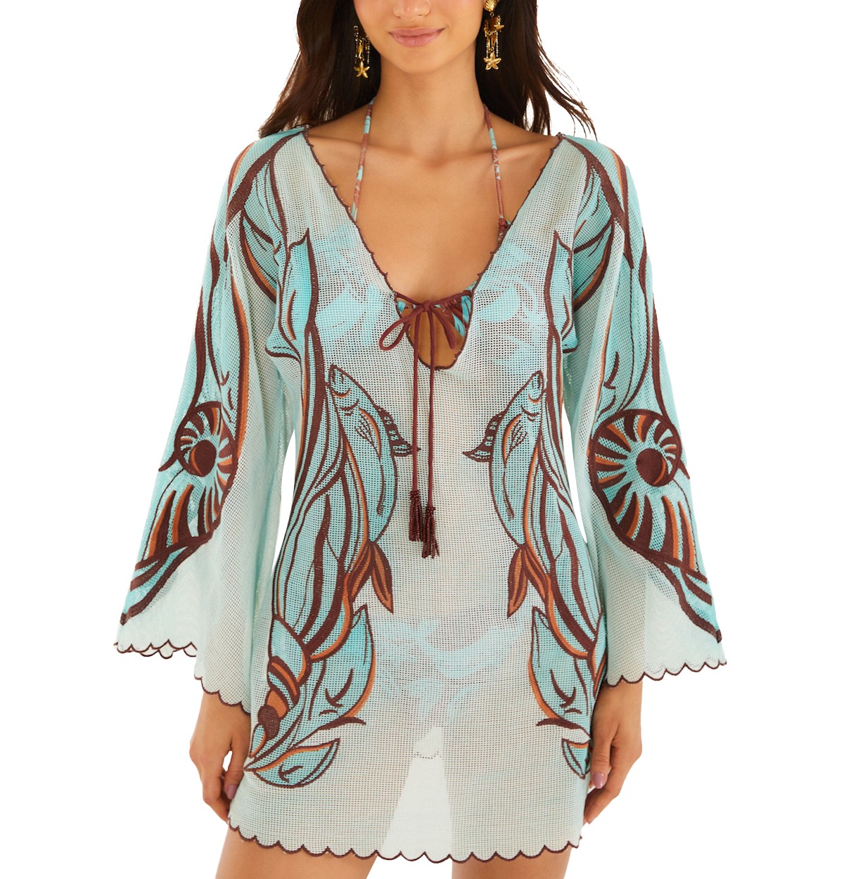 Long Sleeve Fish Net Mini Dress Swim Cover-Up