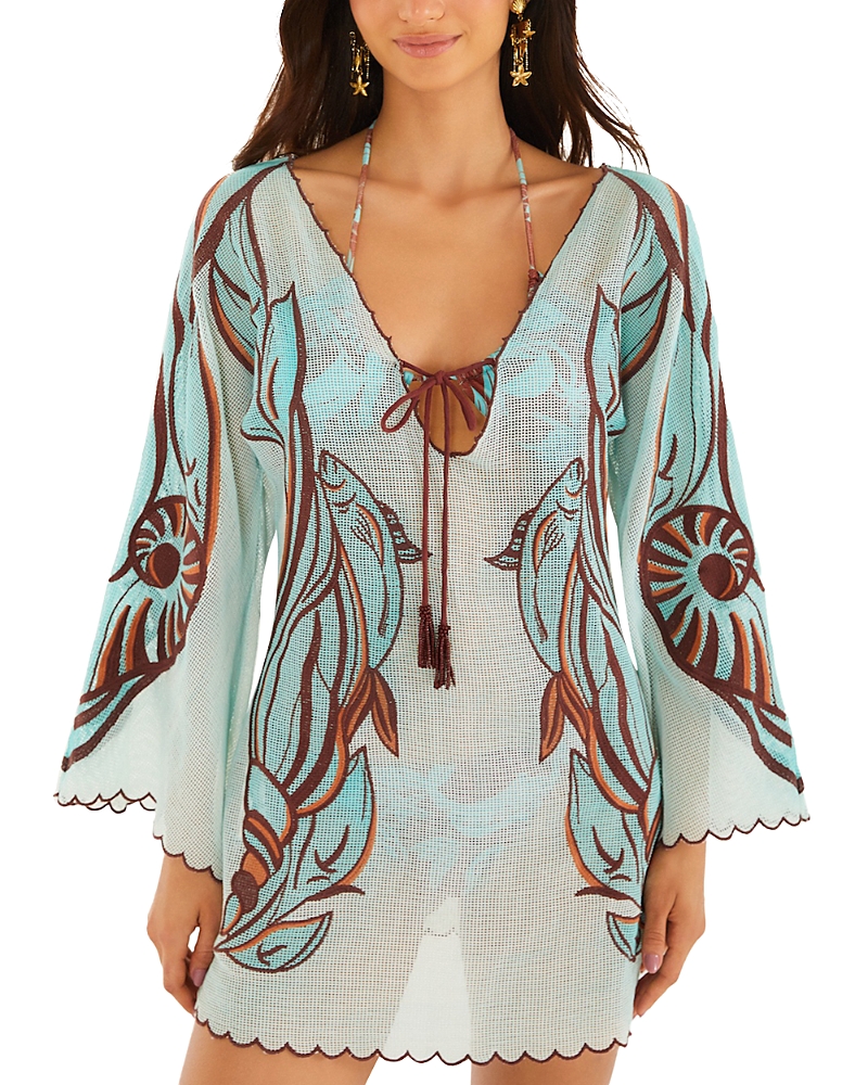 Farm Rio Long Sleeve Fish Net Mini Dress Swim Cover-Up
