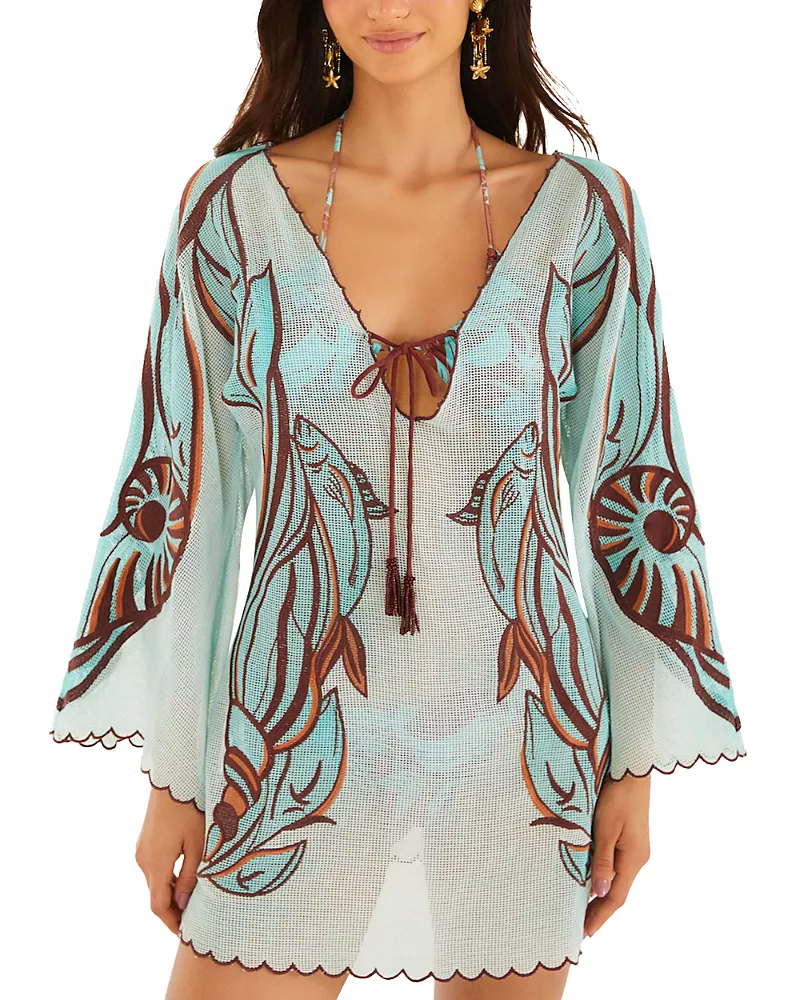 Farm Rio Long Sleeve Fish Net Mini Dress Swim Cover-Up