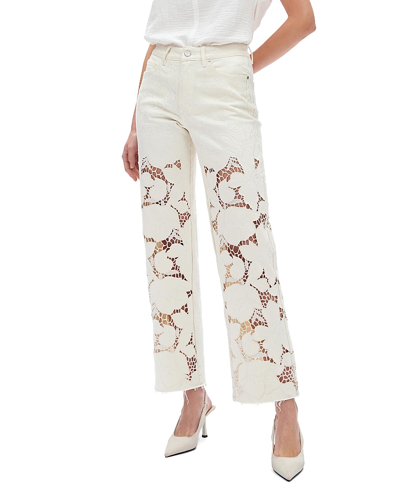 Bayeas High Rise Embroidered Relaxed Straight Jeans in Beige