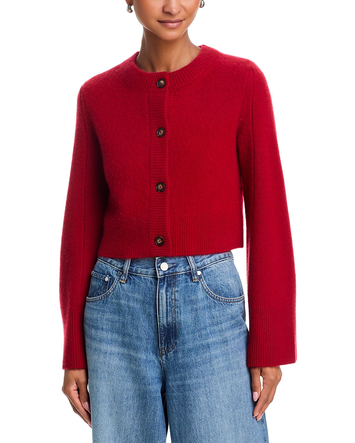 Aqua 100% Cashmere Cropped Wide Sleeve Crewneck Cardigan - Exclusive