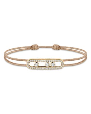 18K Yellow Gold Messika Cares Diamond Tan Cord Slider Bracelet, 0.26 tcw