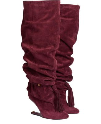 Women's No Wedge Suede Leather Thigh-High Boots with Tassel