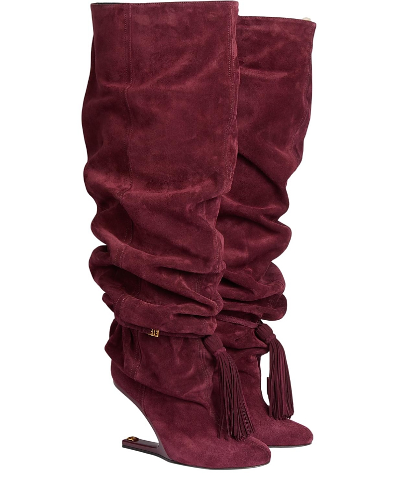 Balmain Women's No Wedge Suede Leather Thigh-High Boots with Tassel