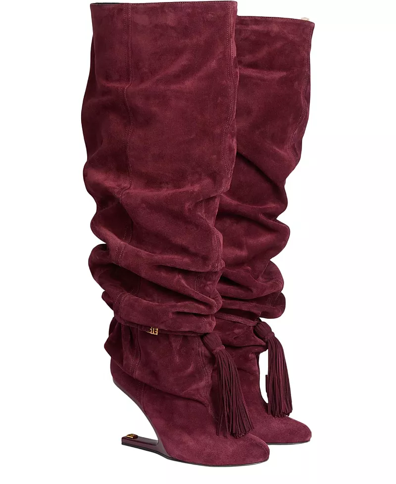 Balmain Women's No Wedge Suede Leather Thigh-High Boots with Tassel