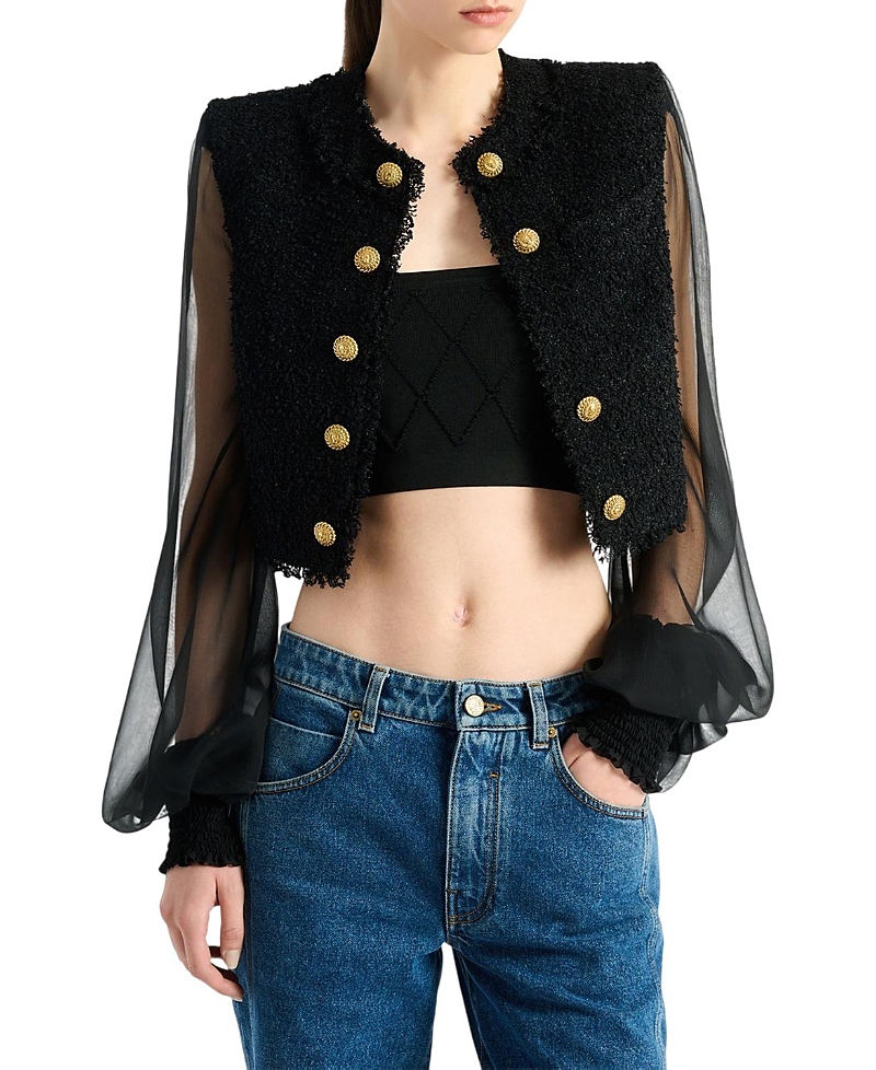 Balmain Cropped Tweed and Muslin Jacket