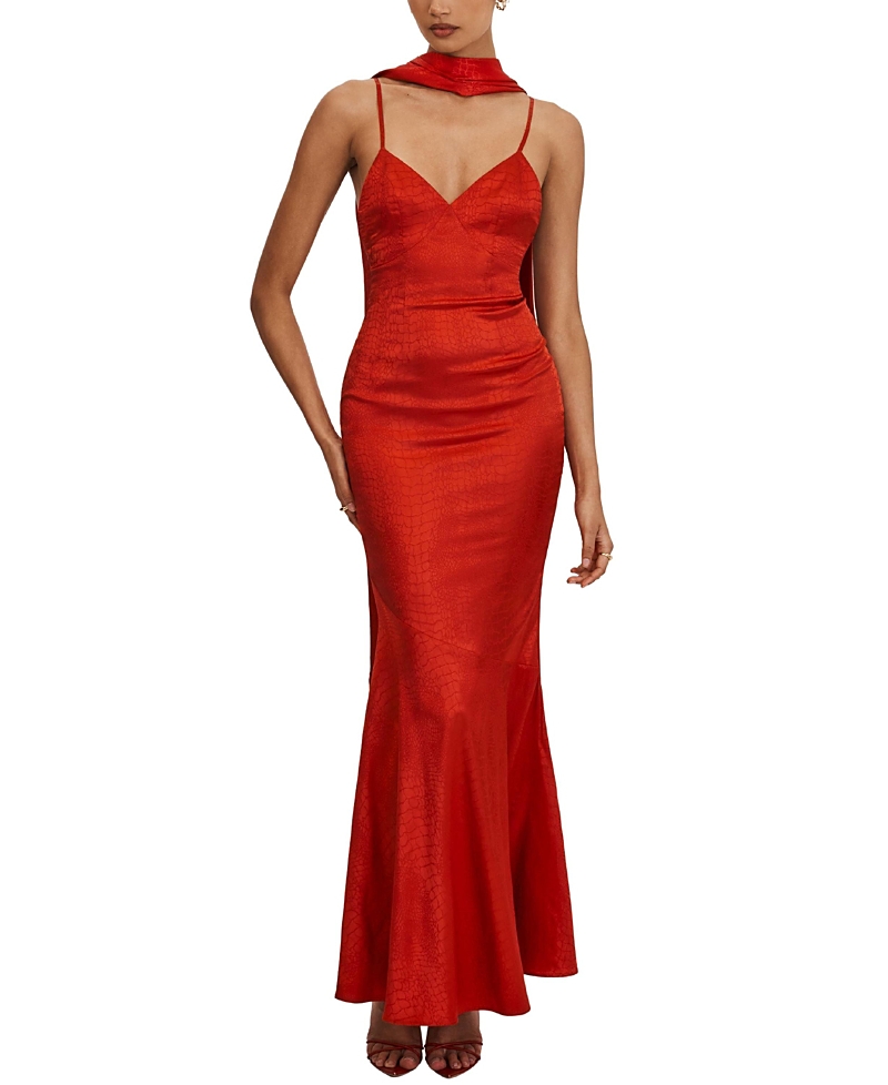 Miss Circle Kelsey Croc-Embossed Flared Hem Maxi Dress with Scarf