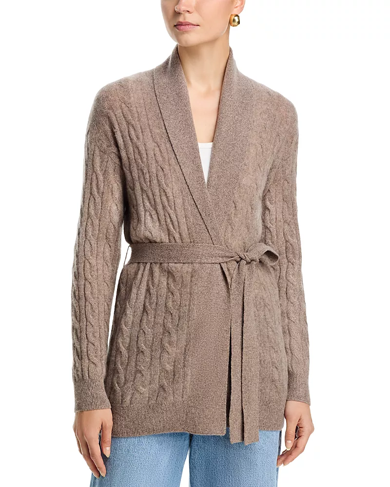 C by Bloomingdale's Cashmere Tie Waist Cable Open Front Cashmere Cardigan - Exclusive