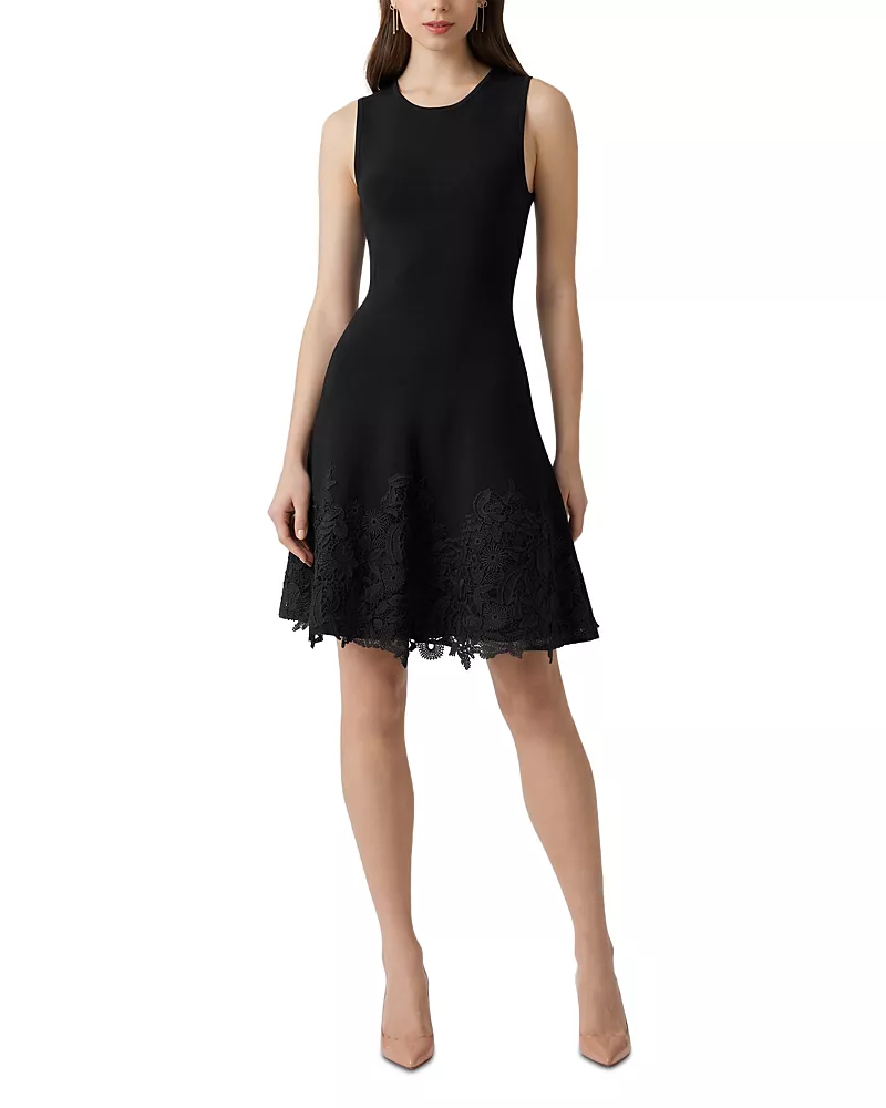 Teri Jon by Rickie Freeman Knit Fit-and-Flare Lace Trim Dress