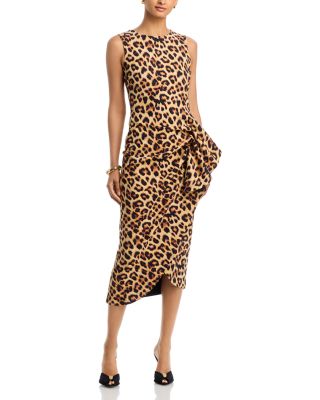 Asymmetrical Drape Leopard Print Midi Dress
