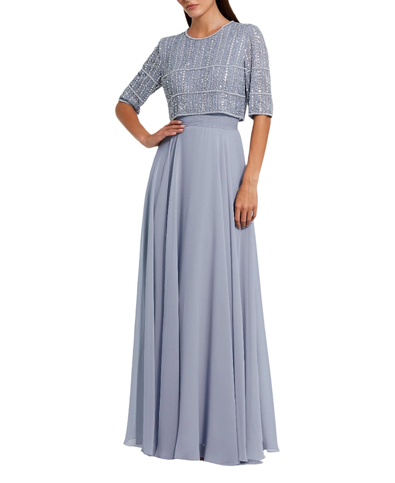 Mac Duggal Beaded 3/4 Sleeve Chiffon Gown