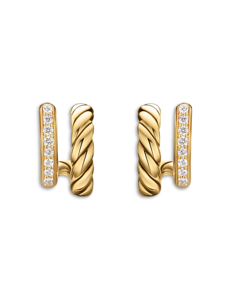 David Yurman Dy Mercer Two Row Hoop Earrings in 18K Yellow Gold with Diamonds, 12mm