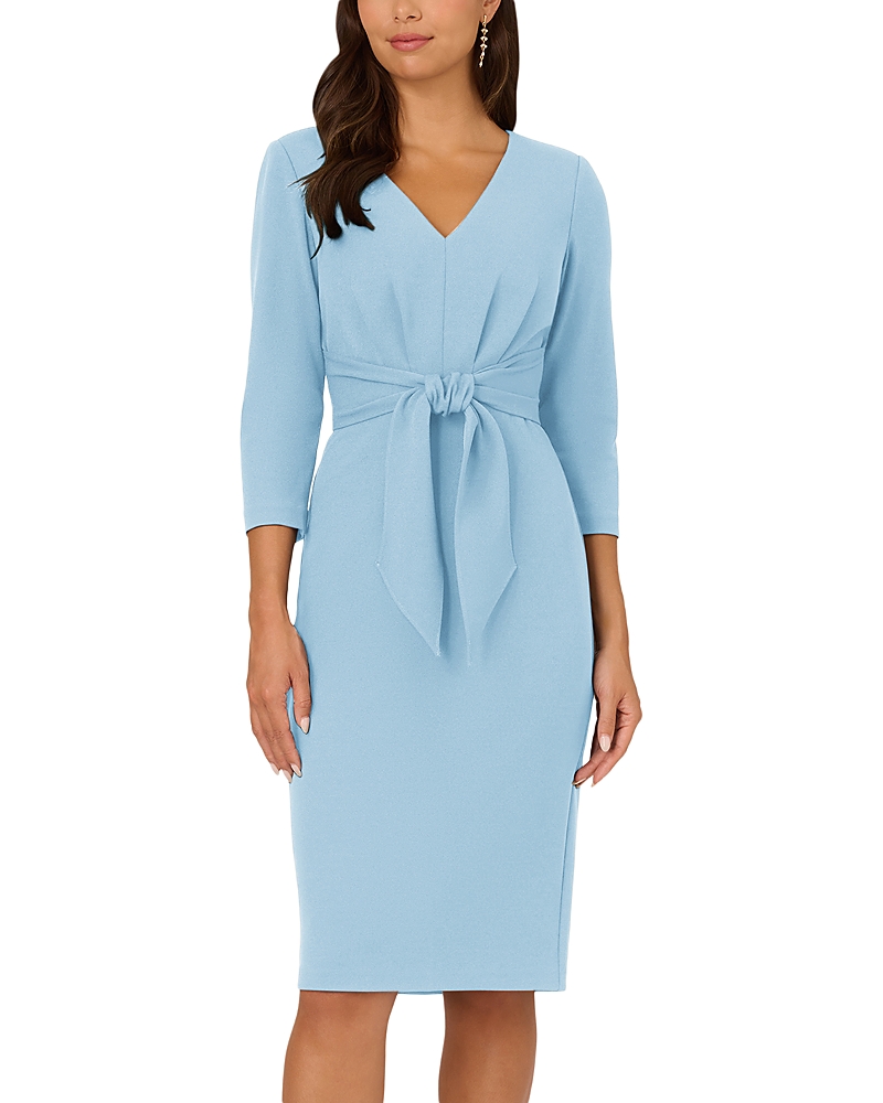 Adrianna Papell V Neck Tie Waist Knit Crepe Dress