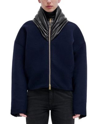 Cashmere Wool Leather Fold Collar Bomber Jacket