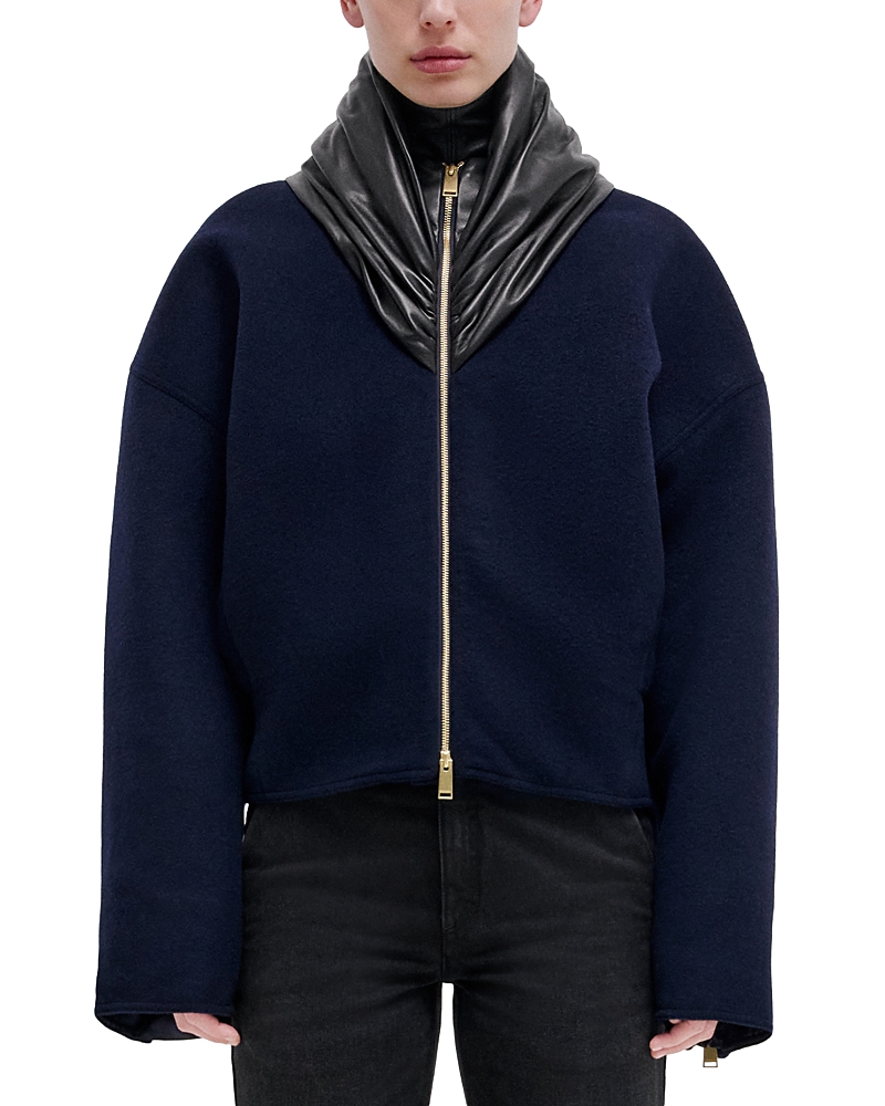 Darkpark Cashmere Wool Leather Fold Collar Bomber Jacket