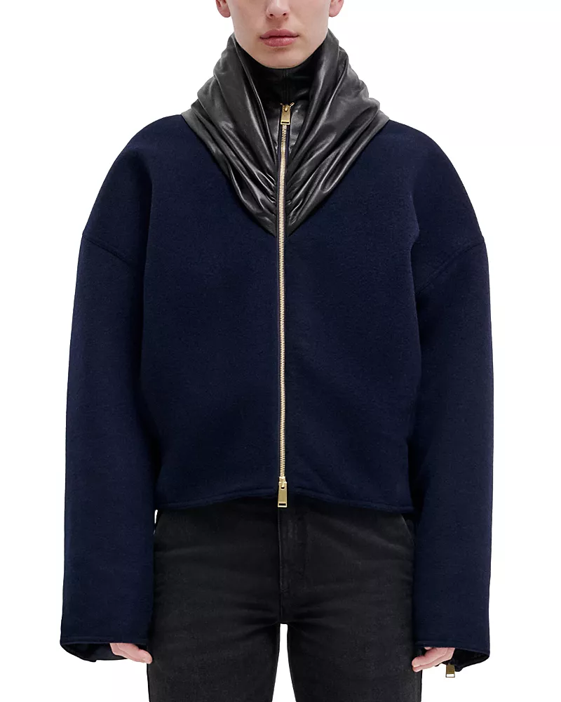 Darkpark Cashmere Wool Leather Fold Collar Bomber Jacket
