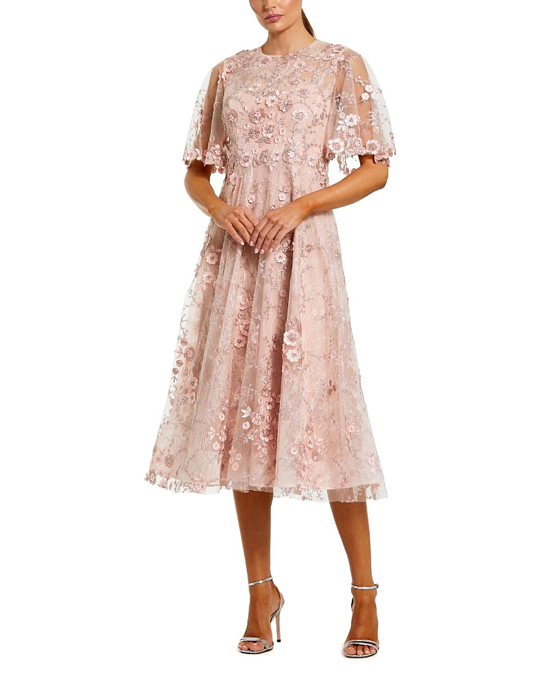 Mac Duggal Petite Flutter Sleeve Floral Embroidered Midi Dress