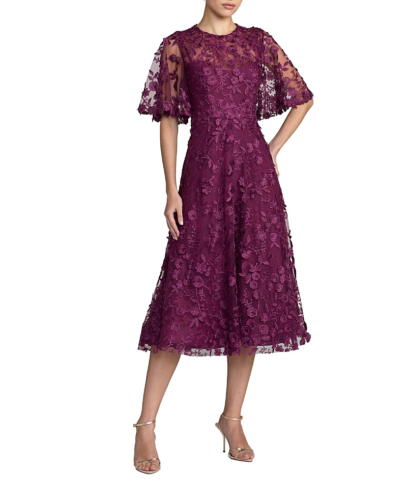 Mac Duggal Petite Flutter Sleeve Floral Embroidered Midi Dress